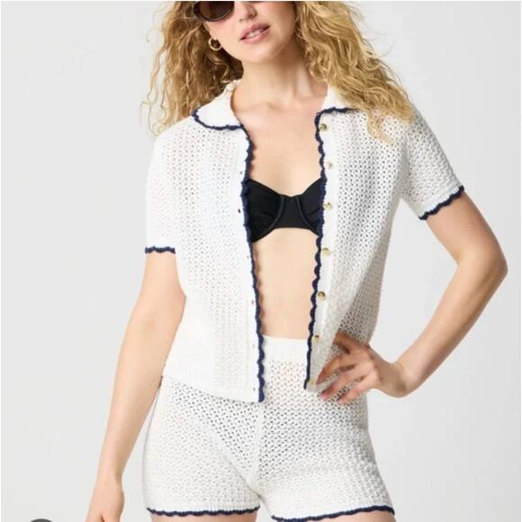 J. Crew Short Sleeve Crochet Cardigan Sweater Ivory Navy CJ215 Size M - Picture 1 of 13